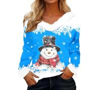 Pull De Noel Femme Sweats de Noël à col en V en fourrure pour femme, chemisiers d'hiver décontractés confortables et chauds avec col en peluche imprimé Père Noël à manches longues Pull de Noël 2025