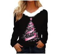 Pull De Noel Femme Sweats de Noël à col en V en fourrure pour femme, chemisiers d'hiver décontractés confortables et chauds avec col en peluche imprimé Père Noël à manches longues Pull de Noël 2025
