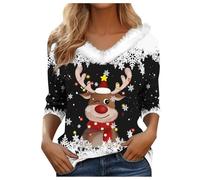 Pull De Noel Femme Sweats de Noël à col en V en fourrure pour femme, chemisiers d'hiver décontractés confortables et chauds avec col en peluche imprimé Père Noël à manches longues Pull de Noël 2025