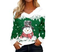 Pull De Noel Femme Sweats de Noël à col en V en fourrure pour femme, chemisiers d'hiver décontractés confortables et chauds avec col en peluche imprimé Père Noël à manches longues Pull de Noël 2025