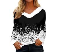 Pull De Noel Femme Sweats de Noël à col en V en fourrure pour femme, chemisiers d'hiver décontractés confortables et chauds avec col en peluche imprimé Père Noël à manches longues Pull de Noël 2025