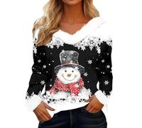 Pull De Noel Femme Sweats de Noël à col en V en fourrure pour femme, chemisiers d'hiver décontractés confortables et chauds avec col en peluche imprimé Père Noël à manches longues Pull de Noël 2025