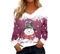 Pull De Noel Femme Sweats de Noël à col en V en fourrure pour femme, chemisiers d'hiver décontractés confortables et chauds avec col en peluche imprimé Père Noël à manches longues Pull de Noël 2025