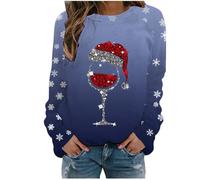 Pull de Noël Femme Sweatshirt Drôle Pull de Noël Pull Col Rond Pull Femme Merry Christmas Sweatshirts Filles T-shirt de Noël à Manches Longues Verre à Vin Motif de Noël S-3XL, @009-bleu foncé, L