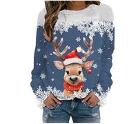 Pull de Noël Femme Sweatshirt Drôle Pull de Noël Pull Col Rond Pull Femme Merry Christmas Sweatshirts Filles T-shirt de Noël à Manches Longues Verre à Vin Motif de Noël S-3XL, Bleu 023, L