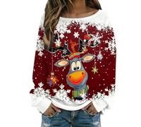 Pull De Noel Femme Tricot De FêTe De NoëL Longues Col Rond Moche Pull Noel Christmas Rigolo Sweat Multicolore Renne Imprimé Bonhomme Neige Sweatshirt Grande Taille Pullover (L)