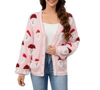 Pull de Noël hideux pour femme, col en V ouvert sur le devant, boutonné vers le bas, cardigan de Noël en tricot pour femmes, pull fantaisie amusant à manches longues, rose, S