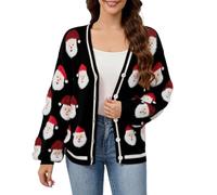 Pull de Noël hideux pour femme, col en V ouvert sur le devant, boutonné vers le bas, cardigan de Noël en tricot pour femmes, pull fantaisie amusant à manches longues, Noir , XL