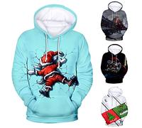 Pull de Noel Homme Ugly Sweat à Capuche Homme Pull de Noël Manches Longues Moche Drôle Homme Sweat avec Poche Kangourou Jumper Fête de Noël Christmas Pull Père Noël Pull Imprimé Arbre de Noël Hoodie