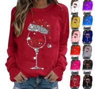 Pull De Noël Manches Longues Femme Christmas Sweatshirts for Women 2024 Red Wine Glass Graphic Sweaters Tops Casual Long Sleeve Crewneck Pullover Sweatshirt Grande Taille Pullover Pull Noel