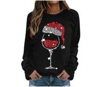 Pull De Noël Manches Longues Femme Christmas Sweatshirts for Women 2024 Red Wine Glass Graphic Sweaters Tops Casual Long Sleeve Crewneck Pullover Sweatshirt Grande Taille Pullover Pull Noel