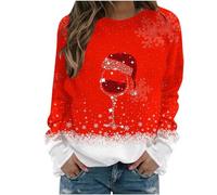 Pull De Noël Manches Longues Femme Christmas Sweatshirts for Women 2024 Red Wine Glass Graphic Sweaters Tops Casual Long Sleeve Crewneck Pullover Sweatshirt Grande Taille Pullover Pull Noel