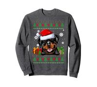 Pull de Noël Moche avec Chapeau de Père Noël Rottweiler pour Amoureux des Chiens Sweatshirt, Unisexe pour Adultes, Chiné Foncé, XL