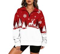 Pull de Noel Moche Femme Polaire Sweat Avec Demi-Fermeture Éclair | Pull de Noël à Fermeture Éclair 1/4 - Sweat Imprimé à Carreaux et Flocons de Neige et Renne - Manches Longues