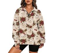 Pull de Noel Moche Femme Polaire Sweat Avec Demi-Fermeture Éclair | Pull de Noël à Fermeture Éclair 1/4 - Sweat Imprimé à Carreaux et Flocons de Neige et Renne - Manches Longues