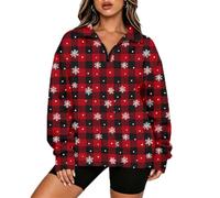 Pull de Noel Moche Femme Polaire Sweat Avec Demi-Fermeture Éclair | Pull de Noël à Fermeture Éclair 1/4 - Sweat Imprimé à Carreaux et Flocons de Neige et Renne - Manches Longues