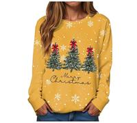 Pull de Noël pour femme avec imprimé arbre de Noël amusant - Costume de Noël - Col rond - Hauts de Noël - Pull d'hiver - Pays des merveilles - Sweatshirt imprimé - T-shirt à manches longues, O jaune