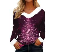 Pull de Noël pour femme drôle - Hauts pour femme - Manches longues - Col en V - Sweat-shirt moelleux - Paillettes - Arbre de Noël - T-shirt à manches longues - Pull festif - Chemisiers moches et