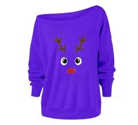 Pull de Noël pour femme drôle, sweat-shirt à une épaule pour femme imprimé de Noël pull de Noël sans capuche t-shirt à manches longues renne pull costume de Noël surdimensionné pull de Noël, lilas, S