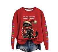 Pull de Noël pour femme - Imprimé chat amusant - Manches longues - Pull de Noël « Hope Your Christmas is Meowy and Bright » - Décontracté - T-shirt à manches longues - Élégant pull tunique, O rouge