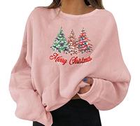 Pull de Noël pour femme, imprimé graphique amusant, col rond, manches longues, sweatshirts, cadeaux, hauts de chemise, Rose, L