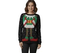 Pull de Noël pour femme - Manches longues - Tricot festif - Tenue de fête de vacances - Motif elfe mignon - Pull de Noël pour femme, Noir , 36-38