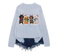 Pull de Noël pour femme - Pull tricoté épais - Imprimé animal - Joli sweat-shirt de Noël à manches longues et col rond - Pull d'automne ample, bleu clair, L