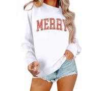 Pull de Noël pour femme - T-shirt de Noël amusant - Sweat-shirt d'hiver avec lettres imprimées - Chemisier tendance décontracté - Doux - Col rond - Merry Christmas - Pull classique, O blanc., M