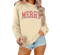 Pull de Noël pour femme - T-shirt de Noël amusant - Sweat-shirt d'hiver avec lettres imprimées - Chemisier tendance décontracté - Doux - Col rond - Merry Christmas - Pull classique, O beige., M