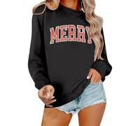 Pull de Noël pour femme - T-shirt de Noël amusant - Sweat-shirt d'hiver avec lettres imprimées - Chemisier tendance décontracté - Doux - Col rond - Merry Christmas - Pull classique, O Noir., M