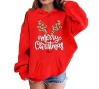 Pull de Noël pour fille avec imprimé graphique « Merry Christmas » - Sweat à capuche ample - Pull à capuche de Noël pour filles - Hiver - Manches longues - Vêtements de Noël amusants, rouge, 11-12 ans