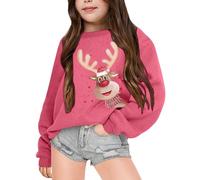 Pull de Noël pour fille - Imprimé renne amusant - Pull de Noël ample - Col rond - Manches longues - Vêtement de Noël amusant - Pull de Noël, Rose, 4-5 ans