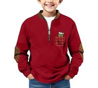 Pull de Noël pour Garçons Enfant Vert Monstre Impression Sweat sans Capuche avec Fermeture éclair 1/4 Christmas Sweatshirts Jumper Fête de Noël à Manches Longues (01-2-Red, 10-11 Years)