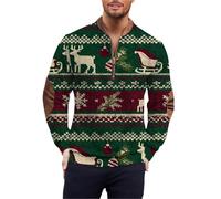 Pull de Noël pour homme avec fermeture éclair quart de long, vintage, moche, amusant, festif, imprimé graphique, chaud, confortable, col en V, nouveauté, mode, manches longues, vêtements, Vert, M