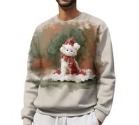Pull de Noël pour homme avec motif chat mignon pour homme - Pull à col rond - Pull de fête amusant pour femme - Joli pull imprimé animal pour les amoureux des animaux, blanc, XXL