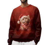 Pull de Noël pour homme avec motif chat mignon pour homme - Pull à col rond - Pull de fête amusant pour femme - Joli pull imprimé animal pour les amoureux des animaux, Rouge, S