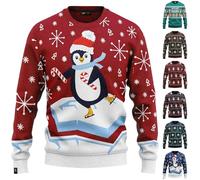 Pull de Noël pour homme drôle avec motif pingouin et arbre de Noël - Débardeur oversized - Vêtement d'hiver doux et chaud en tricot - Manches longues - Hauts en pullover - Costume de fête, Rouge #1, M