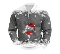 Pull de Noël pour homme drôle Verre à vin rouge Flocons de neige Impression 3D Col rond Style de fête de Noël Pull de Noël Sweat-shirt de Noël avec demi-fermeture éclair, O gris., M