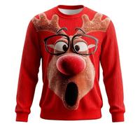 Pull de Noël pour hommes Sweat-shirt de Noël Col Rond Drôle Funky Tricot Pull Renne Impression 3D Pull de Noël Ugly Christmas Sweater à Manches Longues Fête de Noël Style Costume, rouge, XL