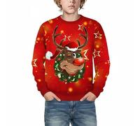 Pull de Noël pour petits garçons et filles, motif rennes, bonhomme de neige, Père Noël, doublé en polaire, manches longues, col rond, automne/hiver, sweat-shirt chaud, vêtements pour, rouge, 13-14 ans