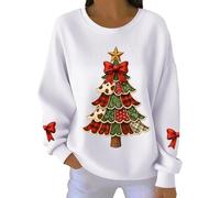 Pull De Noël Sans Capuche Femmes Pull De Noël À Manches Longues D'hiver Drôle Chandails Renne Encolure Dégagée Maillots De Noël Drôle Élégant Rouge T Shirt Flocons De Neige Méchant Léger, Blanc, XL