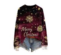 Pull de Noël surdimensionné pour femme 2025 imprimé graphique tendance à manches longues et col rond - Pull tricoté à coupe ample pour intérieur et extérieur - Cadeaux de Noël, doré, L