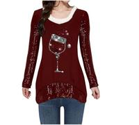 Pull De NoëL Sweat Femme Col V Verre De Vin à Paillettes Ajusté Rigolo | Polyvalente Ski Vacances Voyages FêTes Fin D'AnnéE Entreprise Éviter Le Froid En Hiver Fantaisie Promenade Hivernale Repas