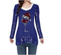 Pull De NoëL Sweat Femme Col V Verre De Vin à Paillettes Ajusté Rigolo | Polyvalente Ski Vacances Voyages FêTes Fin D'AnnéE Entreprise Éviter Le Froid En Hiver Fantaisie Promenade Hivernale Repas