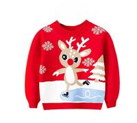 Pull de Noël tricoté pour enfants à manches longues avec motif de renne - Col rond - Pull de Noël chaud pour filles et garçons - Automne/Hiver - Haut doux, ample et décontracté, 1-2 ans