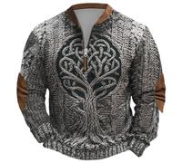 Pull de travail pour homme Sweat-shirt Trachten avec arbre de vie celtique - Troyer viking en tricot 3D | Long manches avec fermeture éclair Costume de viking pour homme Sweashirt, Noir , 3XL