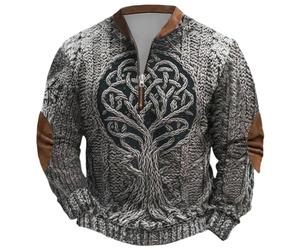 Pull de travail pour homme Sweat-shirt Trachten avec arbre de vie celtique - Troyer viking en tricot 3D | Long manches avec fermeture éclair Costume de viking pour homme Sweashirt, Noir , 3XL