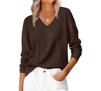 Pull décontracté à col en V de couleur unie pour femmes, manches longues, amples, légers, pullove, 01 - Café, M