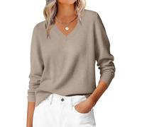Pull décontracté à col en V de couleur unie pour femmes, manches longues, amples, légers, pullove, 01 - Camel, L