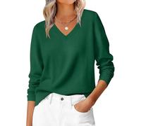 Pull décontracté à col en V de couleur unie pour femmes, manches longues, amples, légers, pullove, 01 vert foncé., XXL